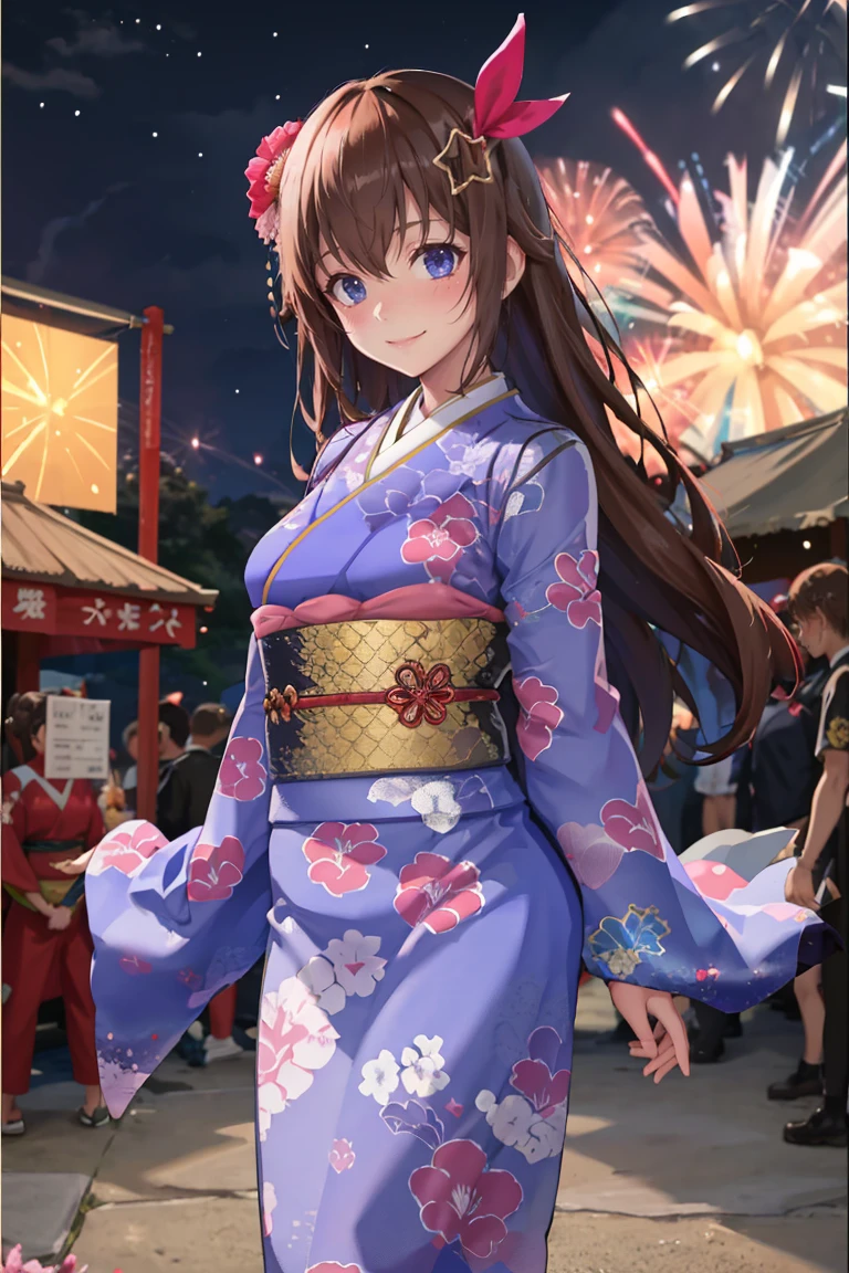 masterpiece, best quality, absurdres, SoraNewYears, long hair, star hair ornament, hair ribbon, hair flower, blue eyes, print kimono, flower print, sash, outdoors, fireworks, night, shrine, festival, food stalls, arms behind back, smile, blush, <lora:TokinoSora:0.8>