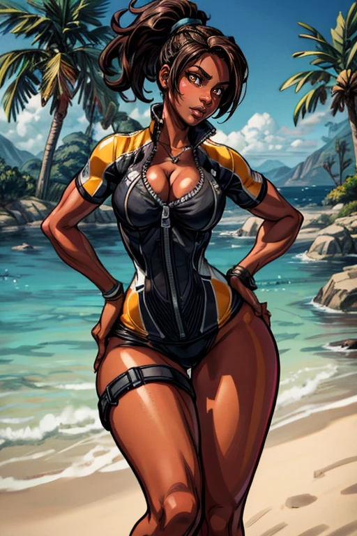 masterpiece,best quality,extreme detail,8k,image sharpness,standing pose,<lora:Kinessa-10 (1):0.6>,(curvy),<lora:more_details:1>,kinessa,1girl,solo,breasts,brown hair,black hair,cleavage,brown eyes,medium breasts,swimsuit,ponytail,outdoors,day,dark skin,dark-skinned female,tree,lips,hand on hip,zipper,unzipped,