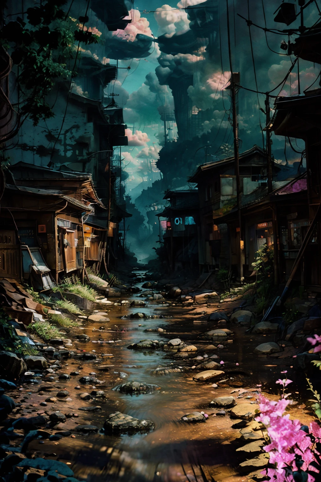 a pink landscape with a stream running through it ,VisionaryVerse , <lora:VisionaryVerse-SD15:1>