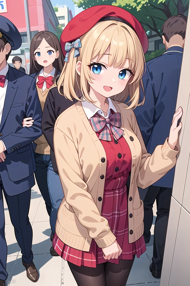 insanely detailed, absurdres, ultra-highres, ultra-detailed, best quality,
1girl, solo, nice hands, perfect hands,
BREAK
(vintage-inspired beret with flower pin:1.3), (navy and red plaid dress:1.5), (golden buttons down the front:1.2), (ivory blouse with ruffle detailing and red bow tie:1.4), (peach cardigan with cable knit pattern:1.3), (black tights:1.1), (red Mary Jane shoes:1.2)
BREAK
happy smile, laugh, open mouth, standing,
45 angle,
cute pose, cowboy shot,
BREAK
slender, kawaii, perfect symmetrical face, ultra cute girl, ultra cute face, ultra detailed eyes, ultra detailed hair, ultra cute, ultra beautiful,
BREAK
in harajuku, shibuya, tokyo, street, crowd, cityscape,
BREAK
medium breasts,
(blonde medium hair, blue eyes),