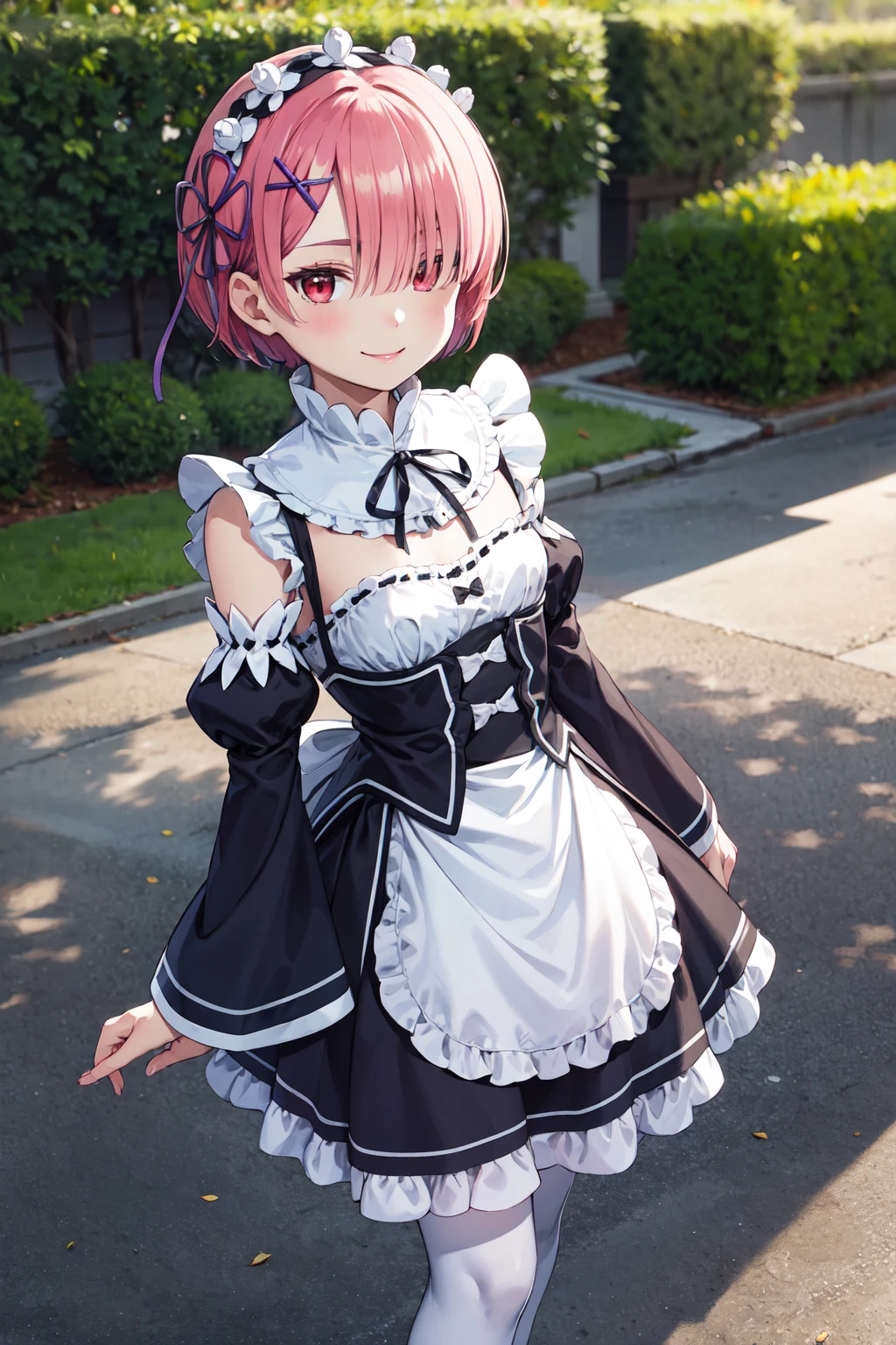 masterpiece,best quality,highres,ultra-detailed,aaram,hair flower,maid headdress,short hair,hair over one eye,bangs,hair ribbon,purple ribbon,x hair ornament,small breasts,roswaal mansion maid uniform,maid,neck ribbon,dress,frills,detached sleeves,long sleeves,(apron:1.2),skirt,white thighhighs,shoes,<lora:ram_(re_zero):0.9>,outdoors,standing,cowboy shot,smile,