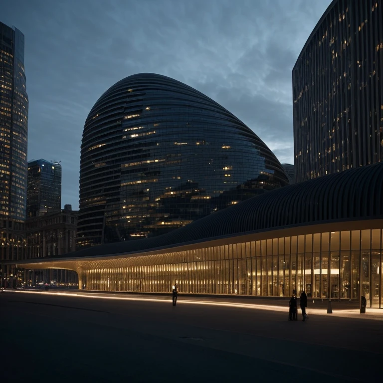 cinematic film still Zaha Hadid surrealist opera in the city made of moleskin.
. shallow depth of field, vignette, highly detailed, high budget, bokeh, cinemascope, moody, epic, gorgeous, film grain, grainy