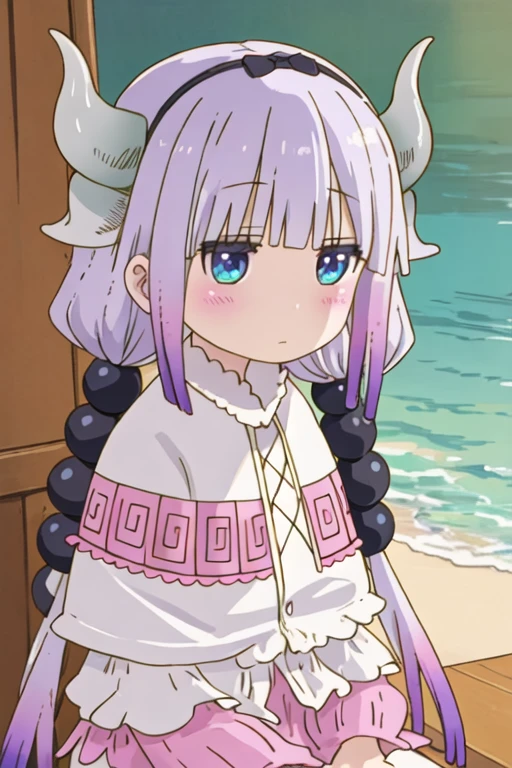 best quality, masterpiece, highres, solo, {kanna_kamui_kobayashisanchinomaidragon:1.15}, long_hair, light_purple_hair, blue_eyes, hair_ornament, bangs, blush, multicolored_hair, twintails, blunt_bangs, hair_beads, beads, hairband, gradient_hair, low_twintails, horns, dragon_horns, purple_hair