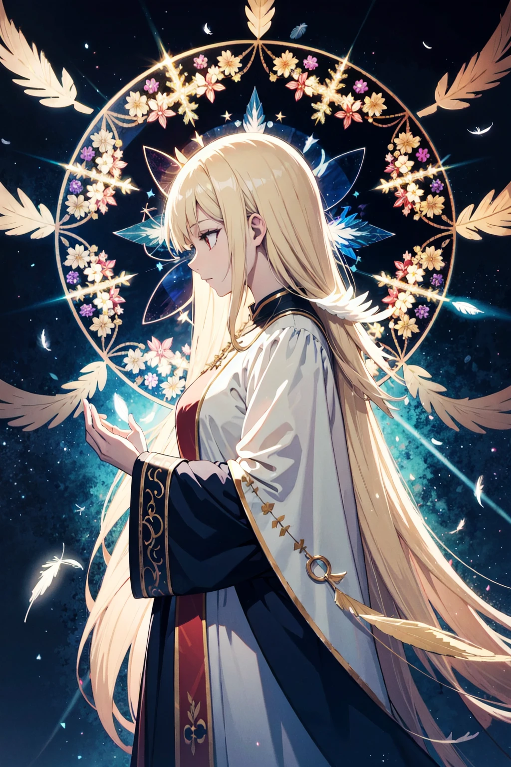 absurdres, highres, (official art, beautiful and aesthetic:1.2), ultra detail, side view,
beautiful person, long hair, blond hair, saintly woman,
sacred garment, seraph, seraph six wing,
cathedral, kaleidoscope,
light effects, divine effects, feather effects,