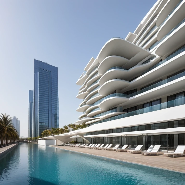 Architectural style Zaha Hadid surrealist hotel in the City, a beautiful city, volumetric light,river, sunlight
. Clean lines, geometric shapes, minimalist, modern, architectural drawing, highly detailed