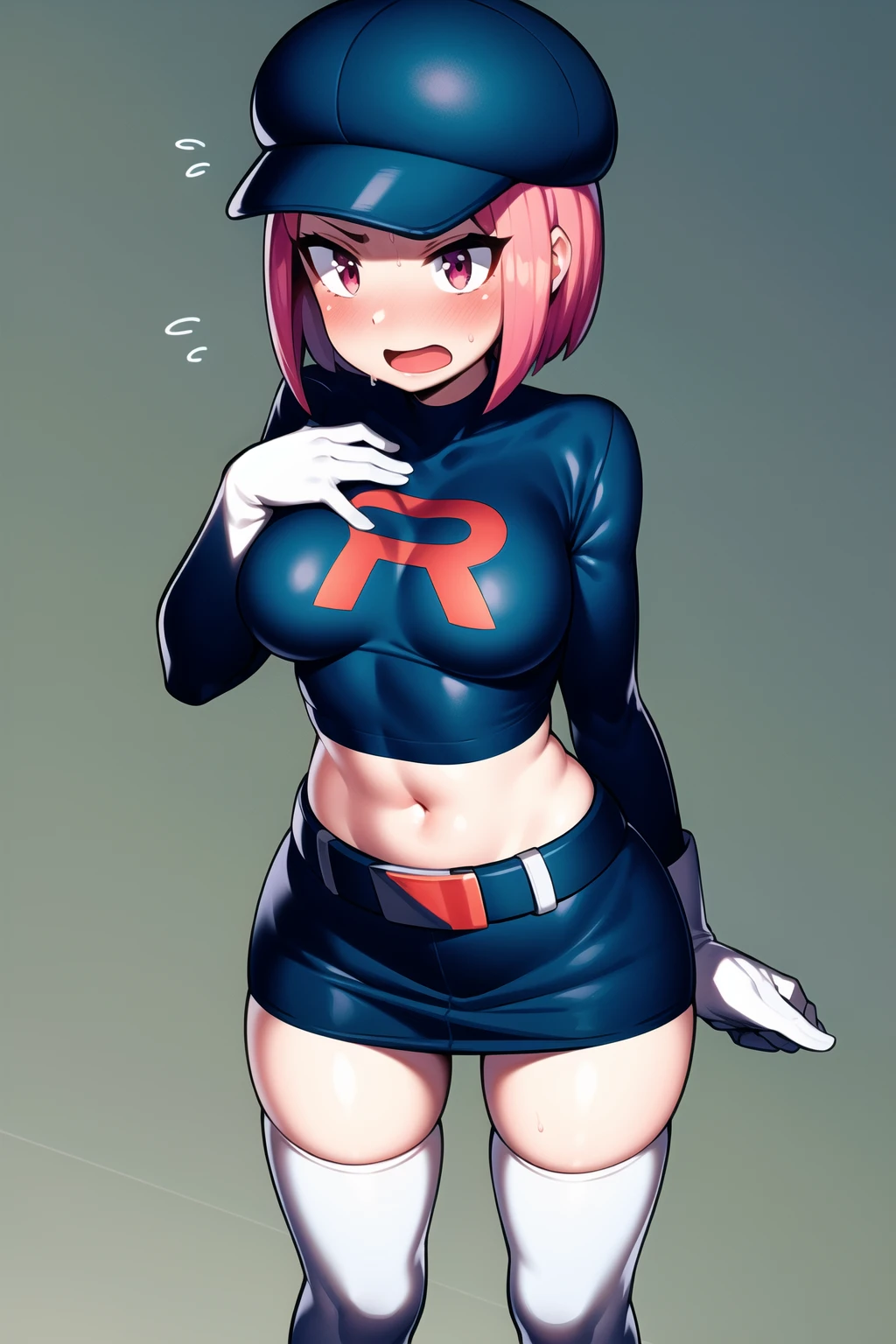 trgrunthgss, 1girl, solo, breasts, blush, short hair, open mouth, skirt, red eyes, thighhighs, gloves, hat, medium breasts, standing, pink hair, boots, belt, pink eyes, black headwear, covered navel, thigh boots, flying sweatdrops, white footwear, clothes writing, team rocket, team rocket uniform, <lora:Team_Rocket_Grunt_HGSS:0.6> <lora:more_details:0.3>