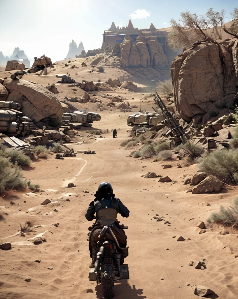 starwars outlaws , a group of people riding motorcycles through a desert, weapon, outdoors, from behind, gun, robot, scenery, mecha, science fiction, sand, desert , <lora:StarWars_Outlaws_Style-SD15:0.75>