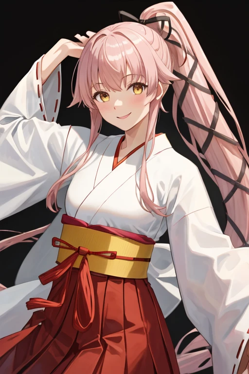 best quality, masterpiece, highres, solo, {white kimono:1.35}, {red hakama:1.35}, {wide sleeves:1.20}, {yura_kantaicollection:1.15}, long_hair, pink_hair, ribbon, very_long_hair, ponytail, hair_ribbon, hair_flaps, smile, yellow_eyes, brown_eyes