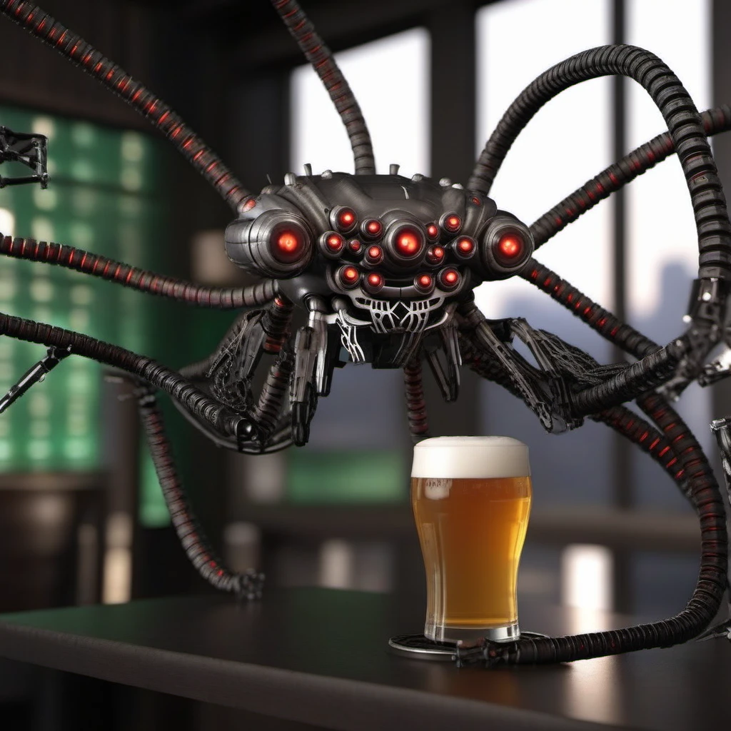SentinelsMatrix1024, a robot spider having a beer in a pub , highly detailed, photography, ultra sharp, film, bokeh, professional, 64k <lora:SentinelsMatrix1024:0.8>