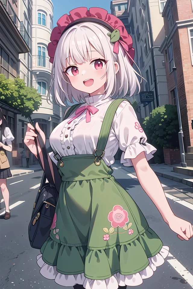 insanely detailed, absurdres, ultra-highres, ultra-detailed, best quality
BREAK
(white and light-green theme:1.4), ((gothic dress, classic and cute fashion):1.2), (light-green classic-bonnet on head:1.4), (fusion of light-green jumper-skirt and white blouse:1.5),
(light-green (overalls skirt, jumper-skirt) with white ruffles:1.4), (big light-green ribbon bow on skirt:1.4), ((short sleeves, bishop sleeves):1.3), (crinoline:1.2),
(oversized multilayer-skirt with ruffles:1.3), (white pantyhose:1.2), (Place multi-layered white ruffles on front of the skirt:1.3),
(garter belt:-1.4), (belt:-1.4), (-Metal fittings:1.4),
BREAK
(pink Detailed embroidery on skirt:1.4), (loafers:1.1),
BREAK
1 girl, solo, happy smile, laugh, open mouth,
BREAK
standing, cute pose, cowboy shot, looking at viewer,
slender, kawaii, perfect symmetrical face, ultra cute girl, ultra cute face, ultra detailed eyes, ultra detailed hair, ultra cute, ultra beautiful,
BREAK
(outdoor, in street, city, european street:1.3), ultra detailed background, (door:-1),
medium large breasts
BREAK
(white hair:1.3), medium hair, dark red eyes