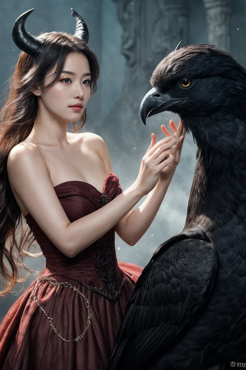 An unparalleled 8K UHD professional photograph that stands as a testament to the zenith of artistic vision, set against the backdrop of a spellbinding fantasy realm. At the heart of this realm is a 19-year-old girl, a figure of sublime beauty with cascading soft silver hair that glimmers like strands of starlight. Her presence is a harmonious contradiction: while her visage radiates innocence, her amazingly elegantly arched black devil horns unveil her true identity as a bona fide real demon. These devil horns, majestic yet menacing, are a perfect embodiment of her dual nature, blending seamlessly with her enchanting allure. Her pale hands, captured in exquisite detail, are not just visually striking but are also imbued with the narrative of her demonic heritage, each line and curve a whisper of her ancient lineage. By her side stands a majestic, enigmatic giant crow, a noble companion whose presence complements her own formidable essence. Their bond transcends the ordinary, radiating a joy that is both pure and deeply rooted in their shared mystical bond. The scene is bathed in a resplendent natural light that not only illuminates but also enhances the surreal elements of this otherworldly setting. The light weaves through her hair, dances around her horns, and casts a noble glow on her scary giant crow companion, against a backdrop that is vibrant and dreamlike. This composition is a masterful interplay of light and shadow, adding depth and dimension, and rendering every texture so vivid that it feels tangible. This photograph is more than a visual feast; it's an immersive experience. The viewer is not merely observing but is drawn into a world where the line between reality and fantasy blurs, touched by the beauty, mystery, and intrinsic joy of this demon girl and her mythical crow. It's a portrayal that transcends the medium, capturing the essence of their otherworldly existence in a moment frozen in time.