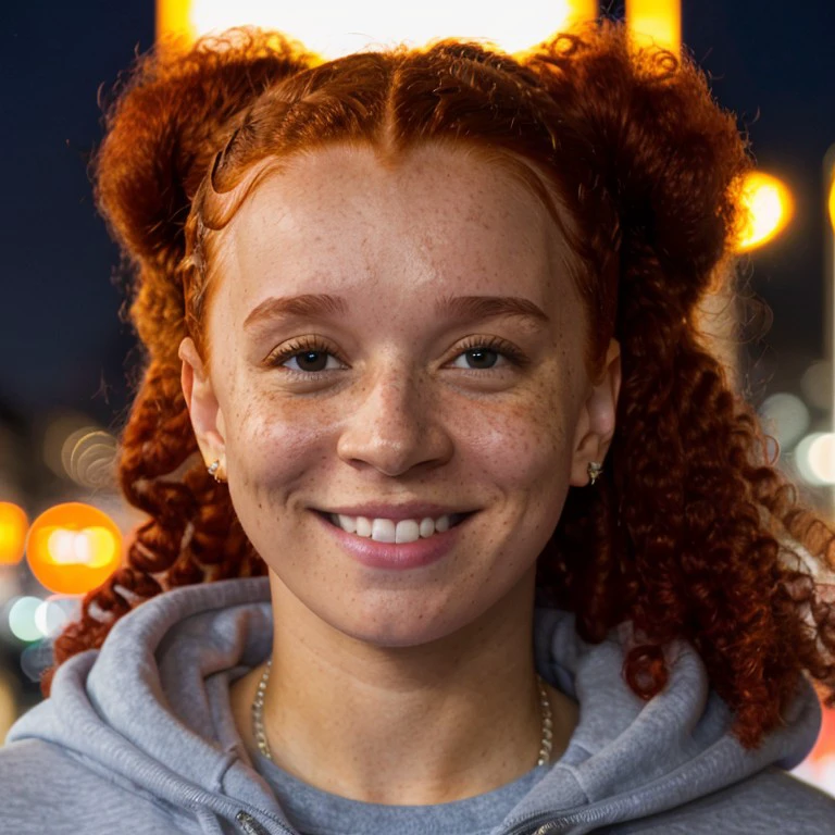 <lora:ernkl-23:1> ernlk, red hair,hair bun,wearing sweater,close-up,masterpiece,8k,uhd,soft lighting ,city street, bokeh,dof,night,neon lights,smile