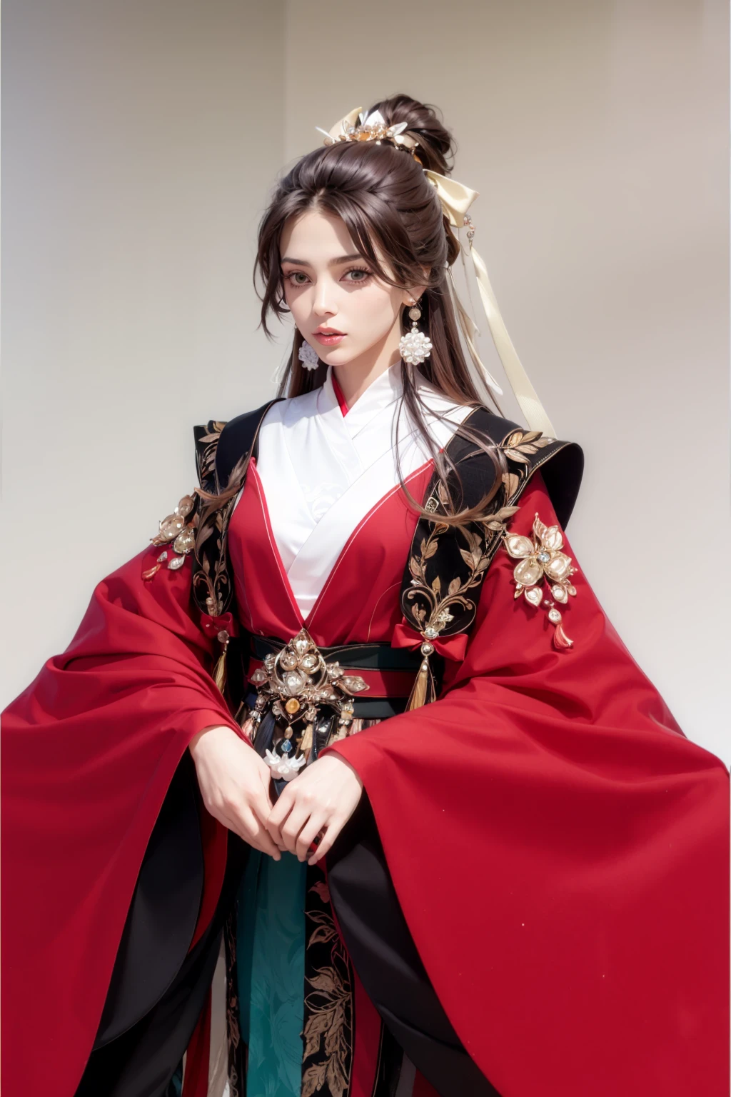 masterpiece, best quality, <lora:fstyle03-000005:1>,1girl, long hair, hanfu, flower, hair ornament, solo, white background, hair flower, brown hair, chinese clothes, jewelry, earrings, dress, long sleeves, holding, simple background, green dress, green eyes, ribbon, looking at viewer, wide sleeves, sash, very long hair, closed mouth, upper body, standing, hair ribbon, white flower, hair rings, forehead mark