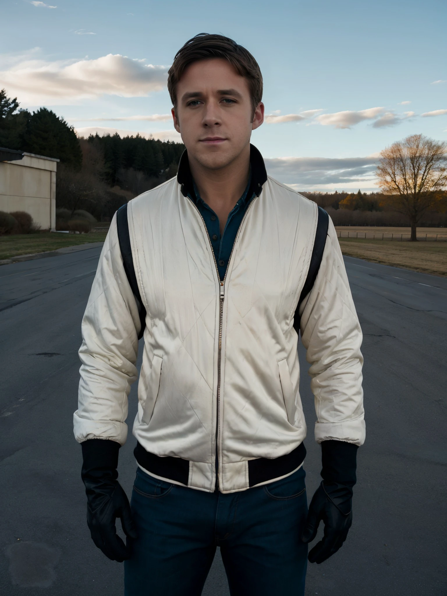 <lora:driv3man,white jacket,blue pants-23:1> driv3man,white jacket,black gloves,standing,hands in the pockets,masterpiece,blue sky in background,8k,uhd,soft lighting,volumetric lighting,clouds
