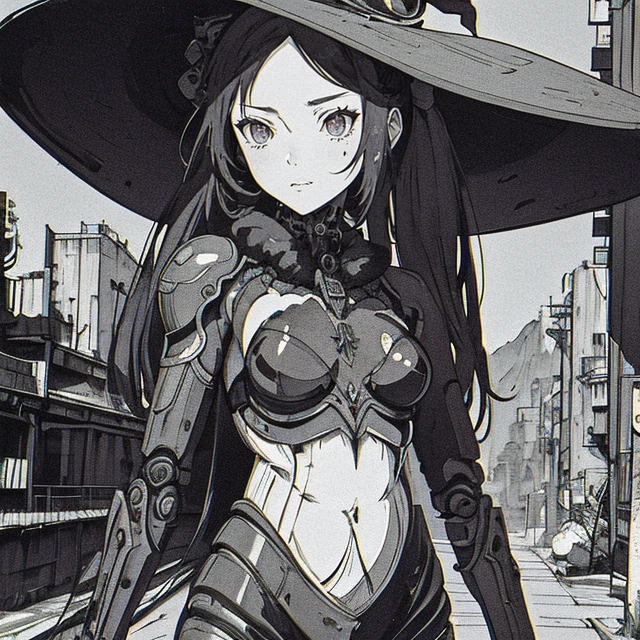 best quality,masterpiece,(detailed:1.2),monochrome,1girl,mona, cutesie, outdoors, (chromatic aberration:1.2),witch hat, science fiction,cyberpunk,purple hair, <lora:mona1:0.55>, (by Xenotrip:1.2)