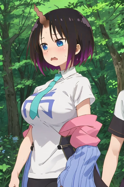 best quality, masterpiece, highres, solo, {elma_kobayashisanchinomaidragon:1.15}, black_hair, multicolored_hair, purple_hair, gradient_hair, short_hair, blue_eyes, blush, breasts, large_breasts, 1girl, shirt, short_sleeves, blue_shirt, sweat, forest, nature, open_mouth, outdoors, scared, upper_body, wavy_mouth, tree