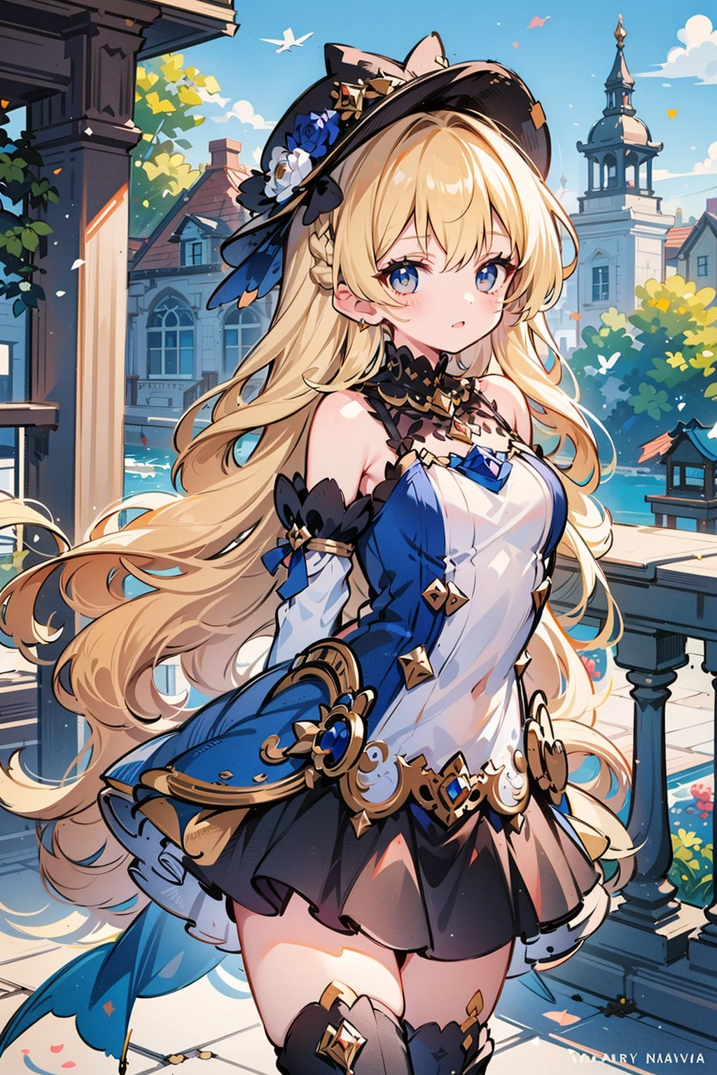 masterpiece,best quality,4k,1girl,navia,solo,arms_behind_back,long hair,looking at viewer,blonde hair,dress,detached sleeves,black headwear,blurry background,thigh boots,wavy hair,outdoors,upper body,standing,<lora:Navia15:0.7:lbw=KEEPCHAR>,