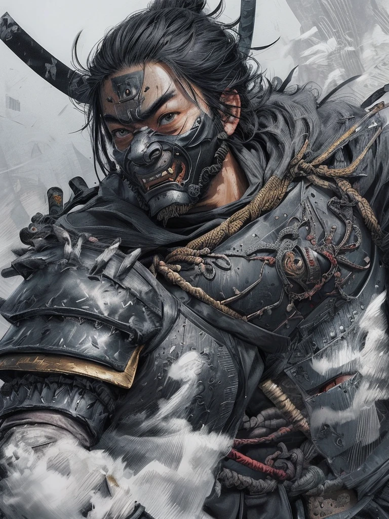 1 samurai, wearing an armor, wearing a mask, wearing black armor, realistic samurai, <lora:jin_sakaiv1:0.7>