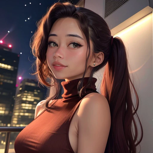 <lora:cosmickayla_sd15_512_128_64_v1:1>cosmickayla,1girl,looking at viewer, new years eve party fireworks in background, wearing a turtleneck sweater