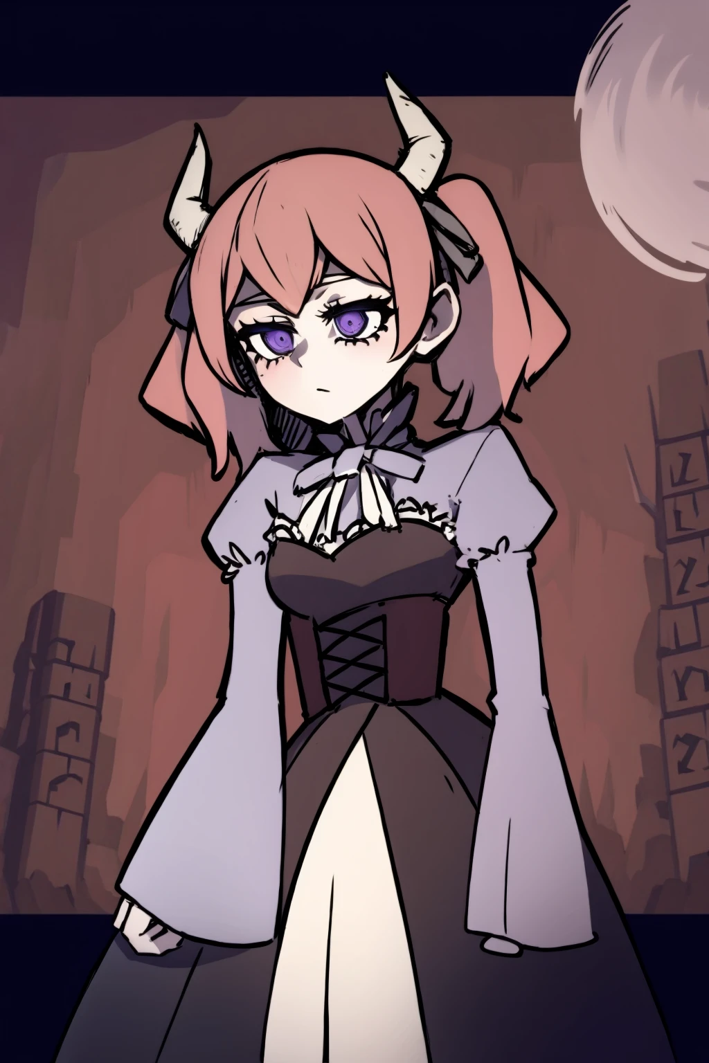 masterpiece, best quality, <lora:helltaker-c2:1.2>,helltaker,  <lora:ri-nie:1>,1girl, horns, pink hair,twintails,hair,ribbon,bow,purple eyes,juliet sleeves, long sleeves, brown dress,corset,solo,