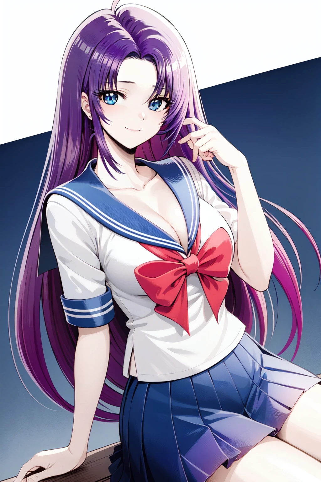 <lora:ReibaishiIzuna_ComicStyle-000040:0.7:lbw=outall>
long hair, blue eyes, purple hair, cleavage, breasts,
school uniform, pleated skirt, serafuku, sailor collar, red bow, blue skirt,black socks,
smile,, (best quality:1.3),1girl,<lora:GoodHands-beta2:1>,