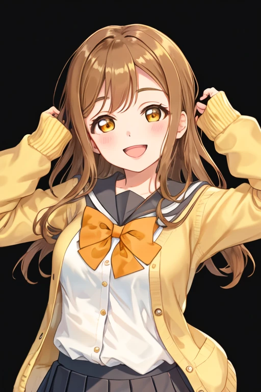 best quality, masterpiece, highres, solo, {kunikida_hanamaru_lovelivesunshine:1.15}, brown_hair, bangs, long_hair, blush, yellow_eyes, smile, brown_eyes, open_mouth, 1girl, bow, bowtie, looking_at_viewer, school_uniform, serafuku, uranohoshi_school_uniform, cardigan, long_sleeves, upper_body, yellow_cardigan, orange_bow, sailor_collar, simple_background, white_background, hands_up, orange_bowtie, sleeves_past_wrists