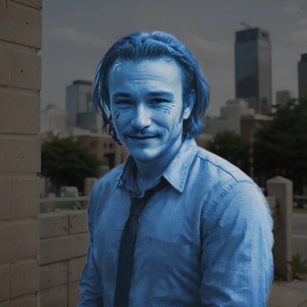 Create a full-body portrait of Heath Ledger in a realistic style. The image captures Ledger's distinct features: his intense gaze, charismatic smile, and expressive eyes. His hair is styled as it was in his most iconic roles, adding to his recognizable appearance. The setting is casual, with Ledger posed in a natural, relaxed manner, perhaps leaning against a wall with a cityscape in the background. The lighting is soft, emphasizing the detailed realism of his face and attire,<lora:blue_ar:0.85>,blue