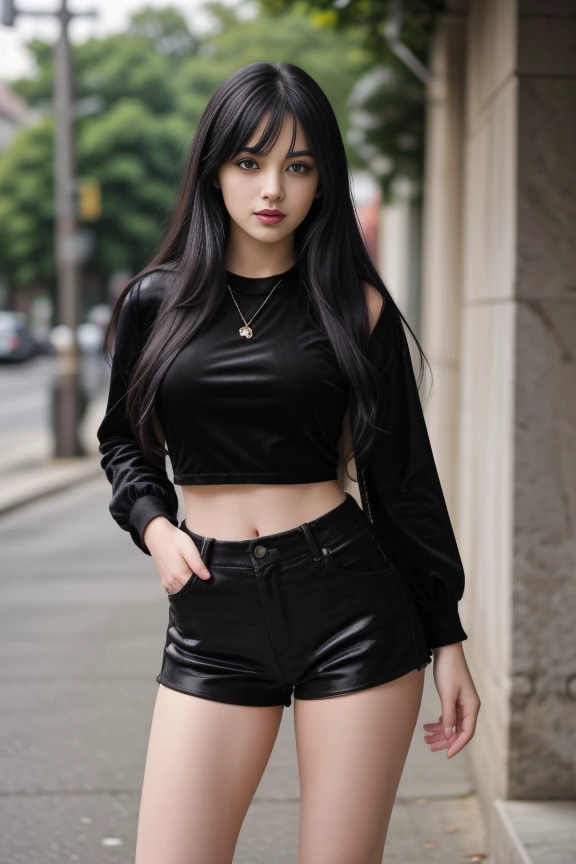 1woman, black hair, center parted long hair, realistic, masterpiece, high detailed skin, wearing random dress, looking at viewer, outdoor view, solo, full body shot
<lora:Velvet_Jacket_Shorts_By_Stable_Yogi:0.8> black velvet shorts, black velvet crop top, black velvet jacket
