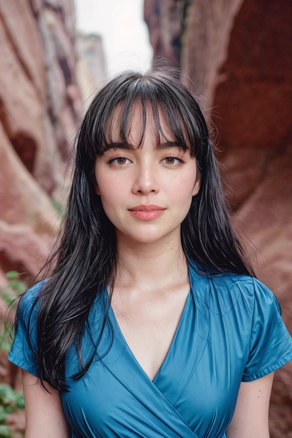 Candid Photography photo of <lora:PHM_-_Kim_Domingo_LoRA:1> kimdomingo, black hair, Sleepy, Drooping eyelids, half-closed eyes, and a slightly dazed expression., (Wrap blouse, culottes, block heels), upper body, (canyon, steep cliffs, narrow gorge, awe-inspiring), blue hour, Crane Shot, shot on Blackmagic URSA Mini 4.6K with Schneider Xenon FF-Prime 35mm T2.1,in style of Rankin, <lora:ReaLora:.2> <lora:PAseer-SD15-LCM Quick:1> <lora:add_detail:0.5>