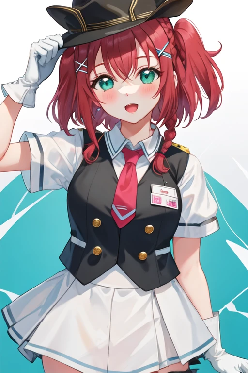 best quality, masterpiece, highres, solo, {kurosawa_ruby_lovelivesunshine:1.15}, red_hair, bangs, blush, two_side_up, smile, aqua_eyes, green_eyes, open_mouth, short_hair, hair_ornament, 1girl, blue_vest, braid, collared_shirt, gloves, hat, looking_at_viewer, necktie, red_necktie, shirt, short_sleeves, star_\(symbol\), twin_braids, vest, white_gloves, white_shirt, x_hair_ornament, blue_headwear, name_tag, striped, :o, adjusting_clothes, adjusting_headwear, alternate_hairstyle, black_vest, grey_background, hair_between_eyes, hairclip, hand_on_headwear, uniform, upper_body