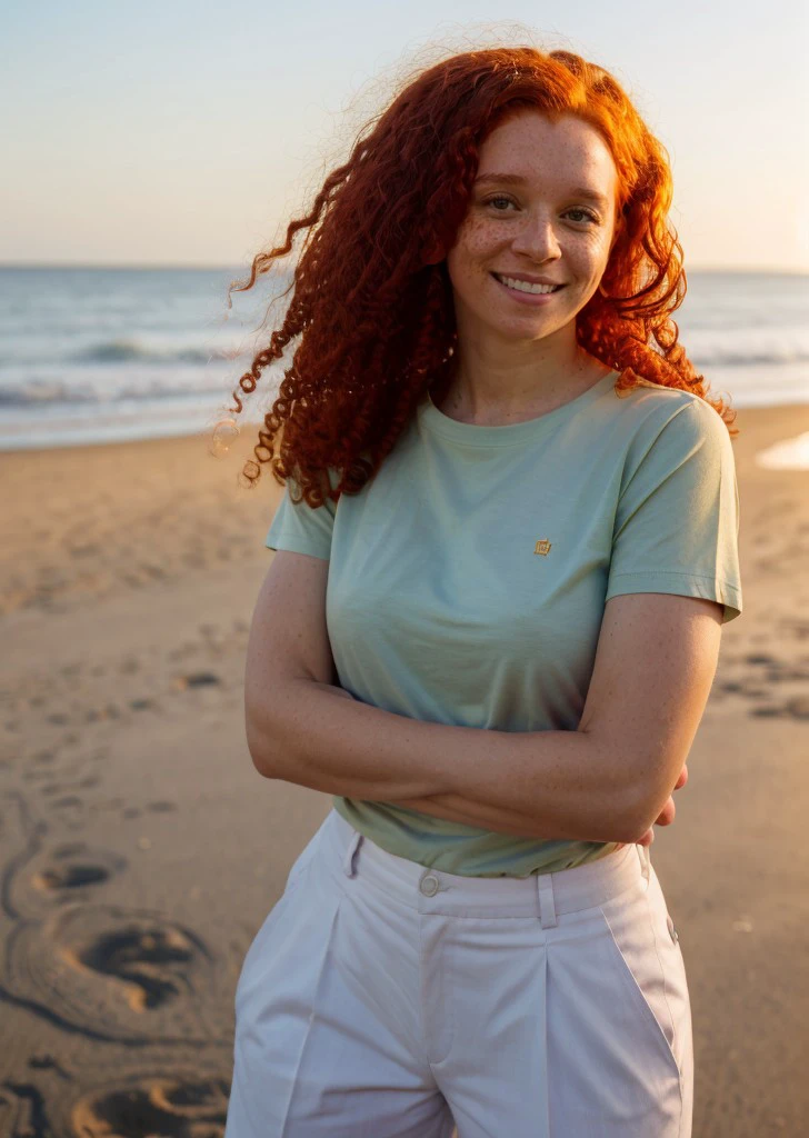 <lora:ernkl-23:1> ernlk, red hair,long curly hair,shirt,smile,full length portrait,black pants,crossed arms,masterpiece,8k,uhd,soft lighting ,at beach,golden hour, bokeh,dof