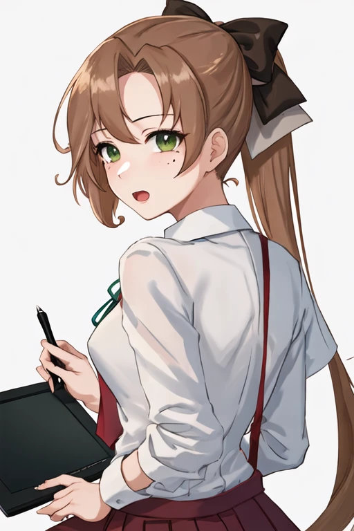 best quality, masterpiece, highres, solo, {akigumo_kantaicollection:1.15}, brown_hair, long_hair, ponytail, green_eyes, ribbon, hair_ribbon, mole_under_eye, mole, breasts, 1girl, from_behind, looking_at_viewer, looking_back, shirt, drawing_tablet, school_uniform, stylus, upper_body, white_shirt, open_mouth