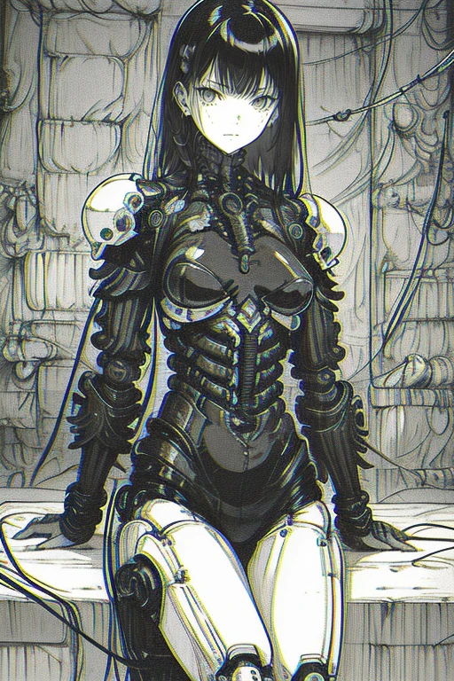 1girl, monochrome, solo, cyberpunk, long hair, looking at viewer, cable, mechanical arms, breasts, science fiction, greyscale, hatching (texture), bangs, mechanical parts, cyborg, sitting, expressionless, bodysuit, medium breasts, chromatic aberration, closed mouth, wire