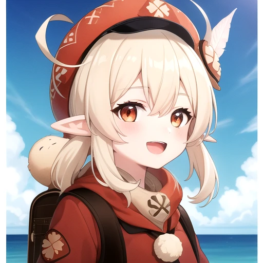 ((masterpiece)),(best quality),official art,extremely detailed CG,unity 8k wallpaper,ultra detailed,A lighthouse on a cliff by the sea,1girl,solo,upper body,(portrait:1.2),looking at viewer,bangs,pointy_ears,ahoge,hair_between_eyes,long_hair,low_twintails,sidelocks,red_headwear,red_dress,hat_feather,cabbie_hat,open_mouth,red_eyes,bag,blonde_hair,clover_print,light_brown_hair,backpack,:d,hat_ornament,orange_eyes,brown_gloves,brown_scarf,long_sleeves,red_coat,scarf,randoseru,<lora:Klee(gen)>,