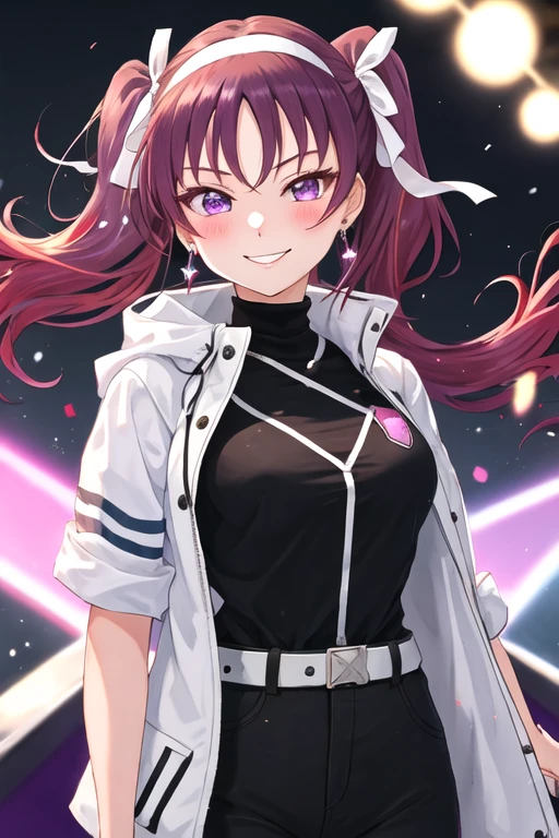 best quality, masterpiece, highres, solo, {kazuno_leah_lovelivesunshine:1.15}, purple_hair, purple_eyes, twintails, bangs, blush, smile, hair_ribbon, 1girl, blonde_hair, long_hair, looking_at_viewer, multicolored_hair, upper_body, visor_cap, birthday, jacket, sidelocks, breasts, earrings, jewelry, red_hair