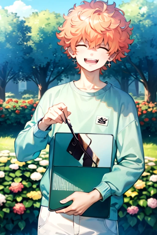 (best quality:1.1), (masterpiece:1.4), , looking at viewer, upper body, , , , 1boy, solo, male focus, <lora:nahoya_kawata:0.8>, nahoya_kawata, orange hair, closed eyes, , , garden, Blu-ray