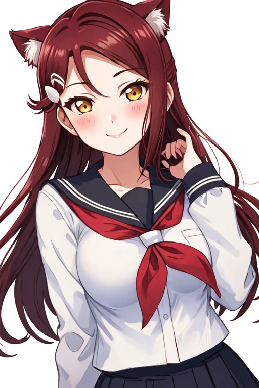 best quality, masterpiece, highres, solo, {sakurauchi_riko_lovelivesunshine:1.15}, red_hair, long_hair, yellow_eyes, hair_ornament, blush, smile, hairclip, breasts, 1girl, school_uniform, serafuku, uranohoshi_school_uniform, looking_at_viewer, white_background, neckerchief, upper_body, red_neckerchief, simple_background