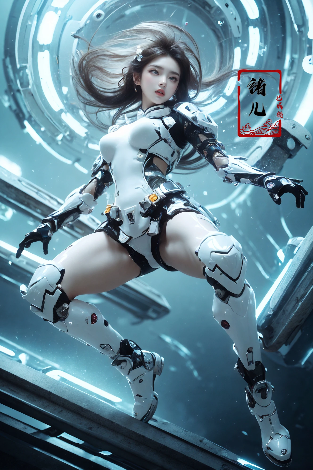 (masterpiece,top quality,best quality,official art,beautiful and aesthetic:1.2), (full body:1.0), Dynamic Angle, Perspective, High Point,pov
blue eyesA mature facesideways glance, (cold attitude,eyeshadow,eyeliner:1.1),(red lips:1.2),watery eyes,
A shot with tension(sky glowsVisual impact,giving the poster a dynamic and visually striking appearance:1.2),Chinese Zen style,impactful picture,
<lora:~Q?-[SZ\Ys robotic girl:0.8>