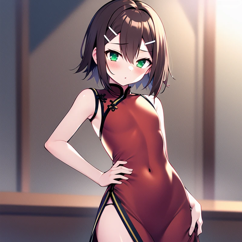 1boy, otoko no ko, male focus, solo, masterpiece, best quality, illustration, absurdres, cute, film_grain, extremely detailed face, perfect lighting, cowboy shot, <lora:hideyoshi_kinoshita:0.7>, hideyoshi_kinoshita, brown hair, green eyes, hair ornament, hairclip, hair between eyes, flat chest, see-through, china dress, chinese clothes, crossdressing, red china dress,