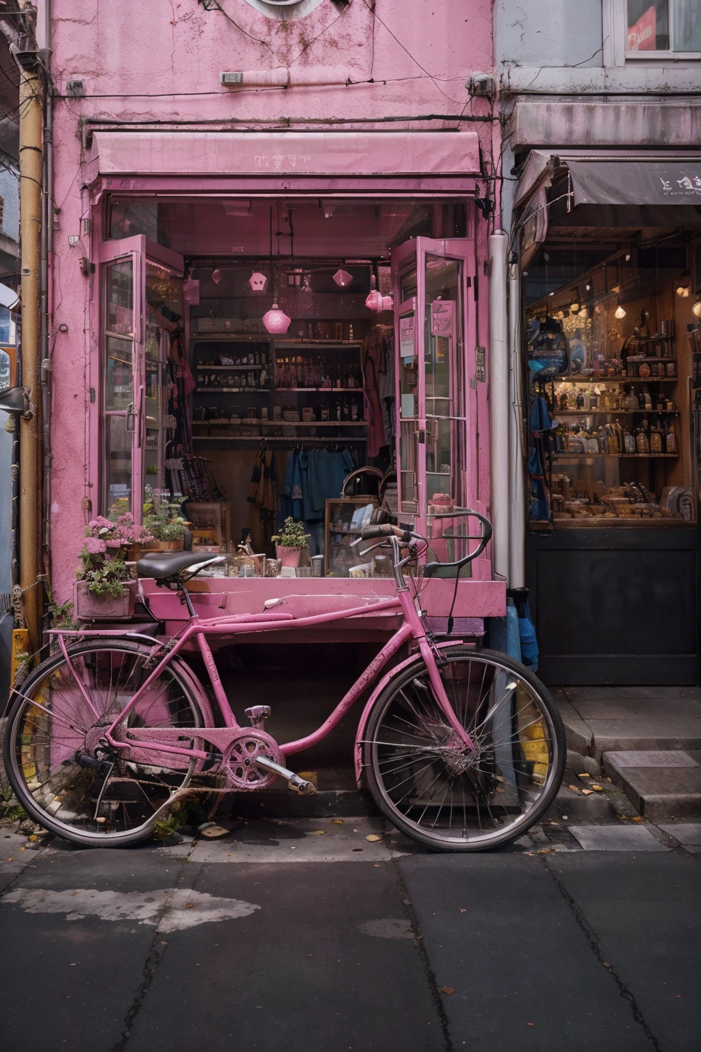 a pink storefront with a bicycle parked in front ,VisionaryVerse , <lora:VisionaryVerse-SD15:0.75>
