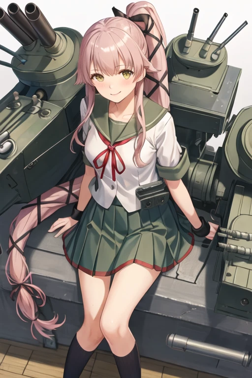 best quality, masterpiece, highres, solo, {yura_kantaicollection:1.15}, long_hair, pink_hair, ribbon, very_long_hair, ponytail, hair_ribbon, hair_flaps, smile, yellow_eyes, brown_eyes, 1girl, green_eyes, hair_ornament, looking_at_viewer, school_uniform, serafuku, turret, cannon, skirt, pleated_skirt