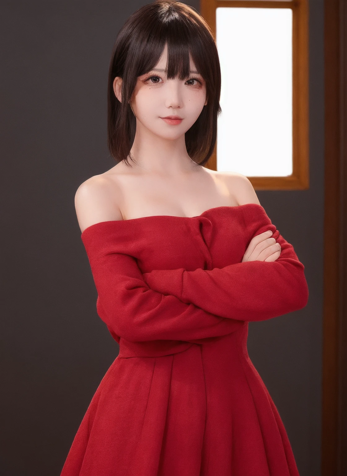 1girl, high quality, masterpiece, upper body, eyelashes, looking at viewer, dress, standing, simple background, facing viewer, off shoulder, crossed arms, mole,
<lora:hx7_v1-000008:0.68>