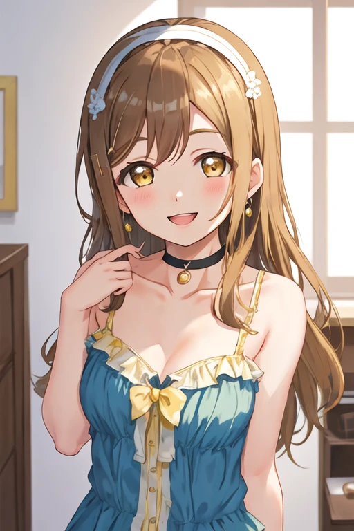 best quality, masterpiece, highres, solo, {kunikida_hanamaru_lovelivesunshine:1.15}, brown_hair, bangs, long_hair, blush, yellow_eyes, smile, brown_eyes, open_mouth, 1girl, collarbone, looking_at_viewer, simple_background, upper_body, white_background, bare_shoulders, choker, hairband, hand_in_own_hair, portrait