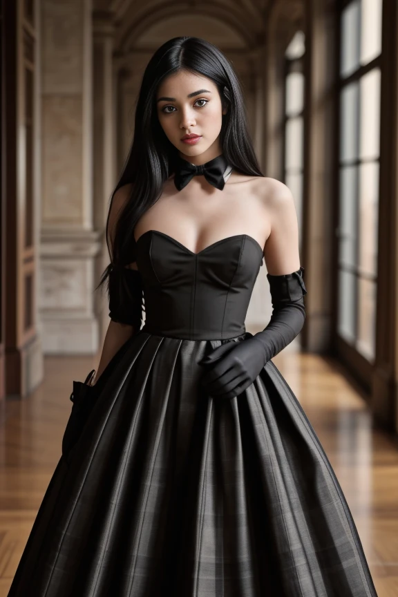 1woman, black hair, center parted long hair, realistic, masterpiece, high detailed skin, wearing random dress, looking at viewer, indoor view, solo
<lora:2023_Long_Dress_By_Stable_Yogi:1> yellow halterneck long dress, straps, elbow gloves, neck bow tie, plaid long skirt