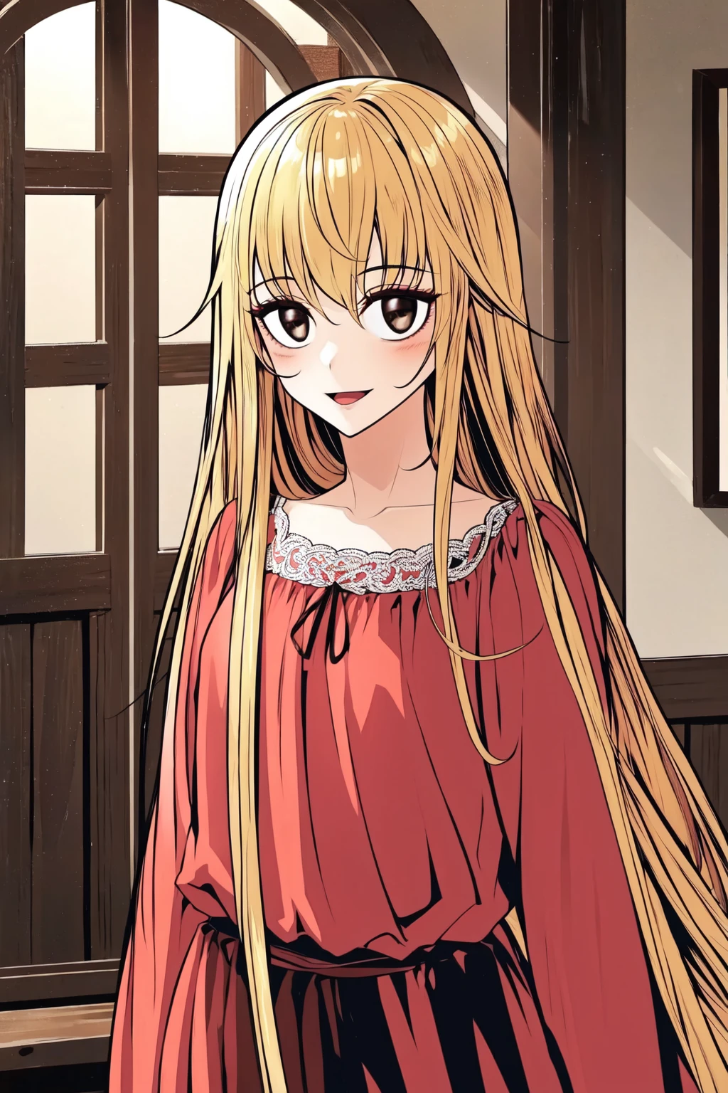 dark, 1girl, solo, long hair, bangs, blonde hair, brown eyes, indoors,