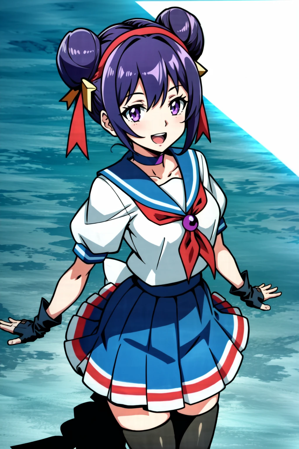 (anime coloring),(masterpiece),(best quality),(ultra-detailed),(best illustration),(best shadow),(absurdres), <lora:OGT_Athena_Asamiya-v1:0.7> Athena Asamiya, 1girl, solo, gloves, fingerless gloves, red hairband, hair bun, double bun, thighhighs, purple eyes, hairband, purple hair, upper body, skirt, black thighhighs, school uniform, open mouth, hair ornament, smile, serafuku, choker, breasts, star (symbol)