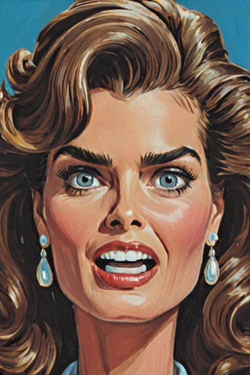 a solo portrait painting of brooke shields, mid shot, exaggerated cartoon caricature, marsattacks style, <lora:Mars_Attack_Style_XL_2>