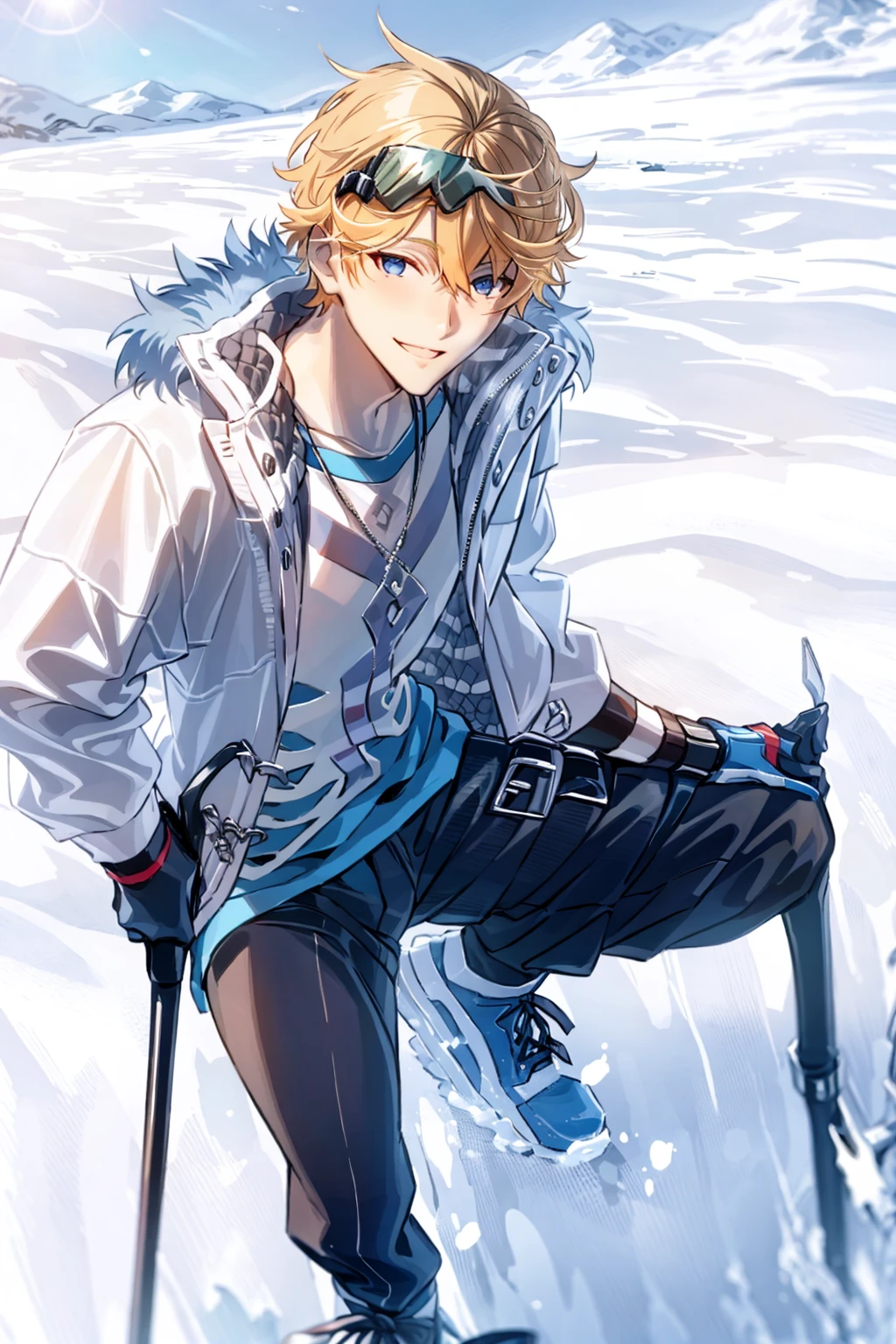 masterpiece, best quality, <lora:targatlia-mi:1>,<lora:fstyle02-128-c:1>,fstyle02,male focus, 1boy, blonde hair, solo, pants, gloves, goggles, goggles on head, sun, jacket, fur trim, sky, black gloves, outdoors, day, snow, white jacket, black pants, white footwear, blue sky, full body, short hair, fur-trimmed jacket, shirt, smile, mountain, long sleeves
