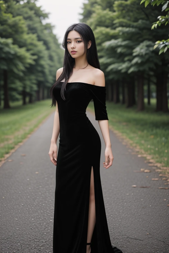 1woman, black hair, center parted long hair, realistic, masterpiece, high detailed skin, wearing random dress, looking at viewer, outdoor view, solo, full body shot
velvet off shoulder long black dress, side slit <lora:Black_Velvet_Dress_By_Stable_Yogi:0.8>