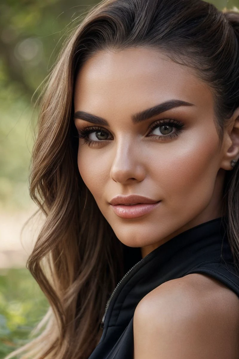 closeup headshot of S273_AnastasiyaTimonina,a beautiful woman,in a (forest:1.1),wearing a (jacket:1.1),(updo),(4k, RAW photo, best quality, depth of field, ultra high res:1.1),(absurdres, intricate, photorealistic, masterpiece, ultra-detailed:1.2),